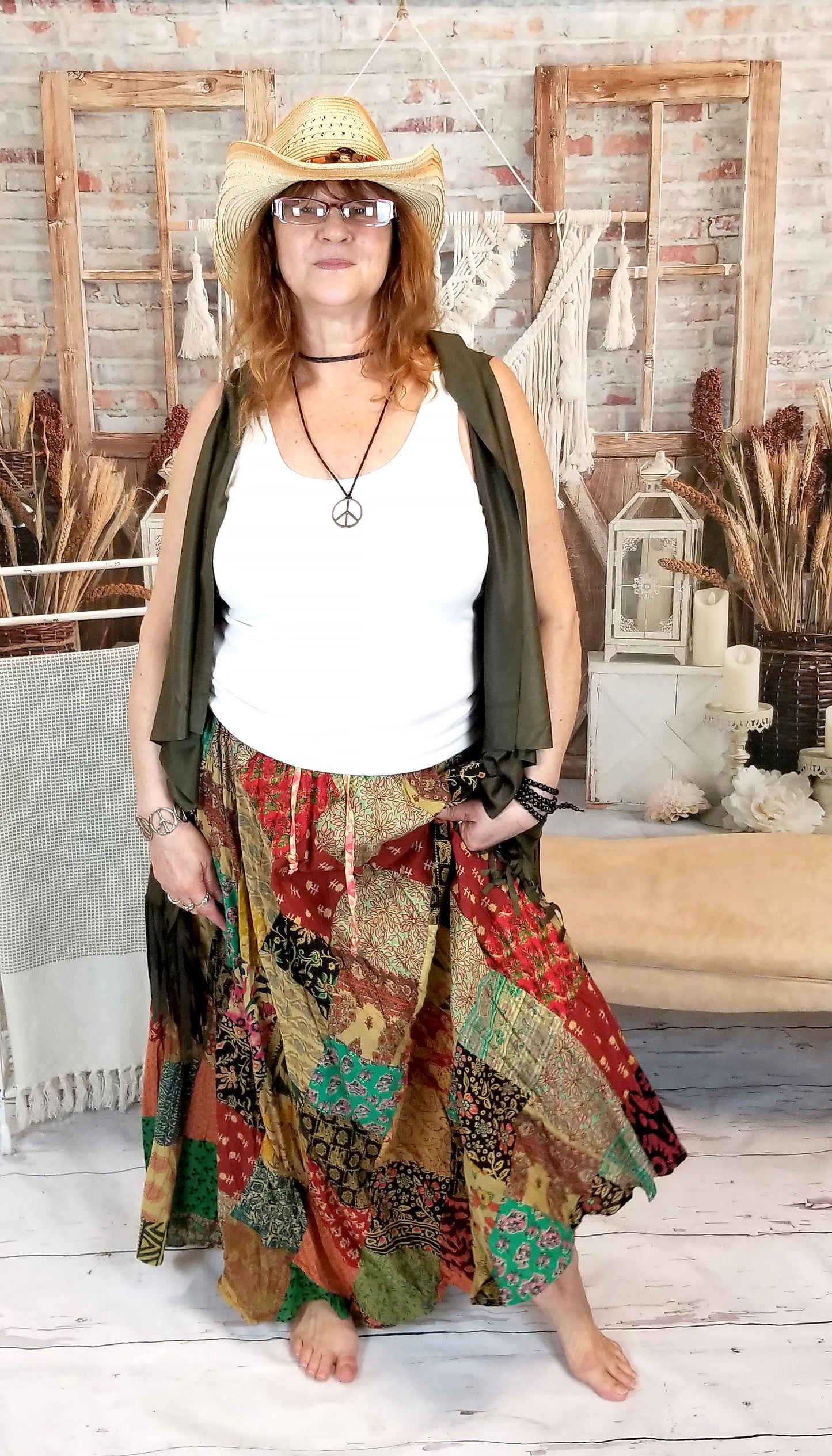 patchwork hippie skirt with drawstring and button loops