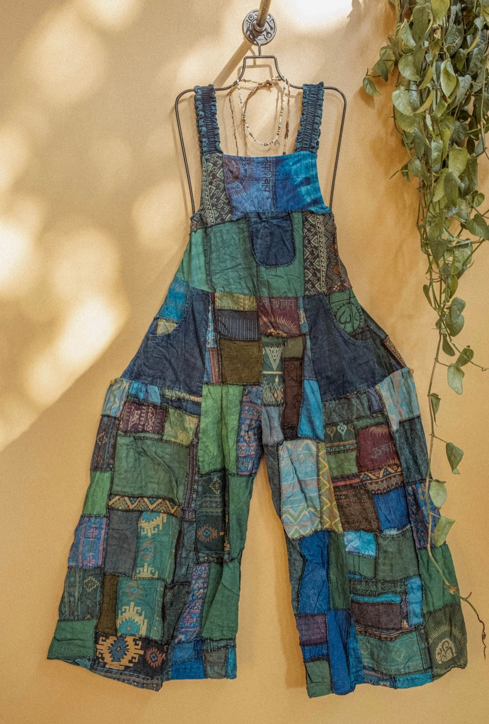 plus size wide leg patchwork overalls blue