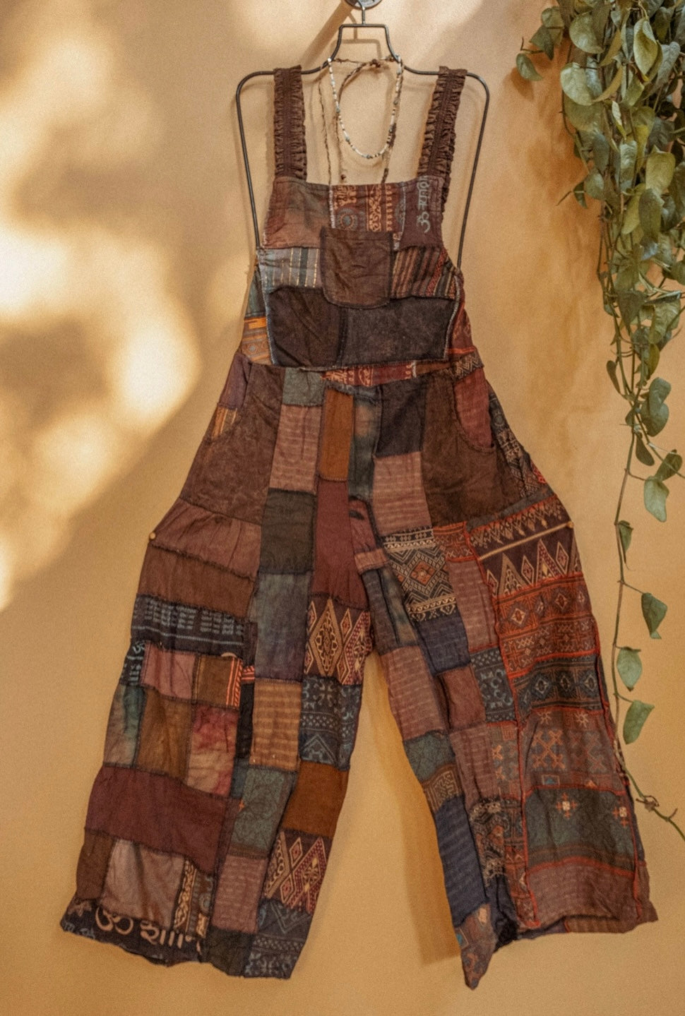 plus size wide leg patchwork overalls brown