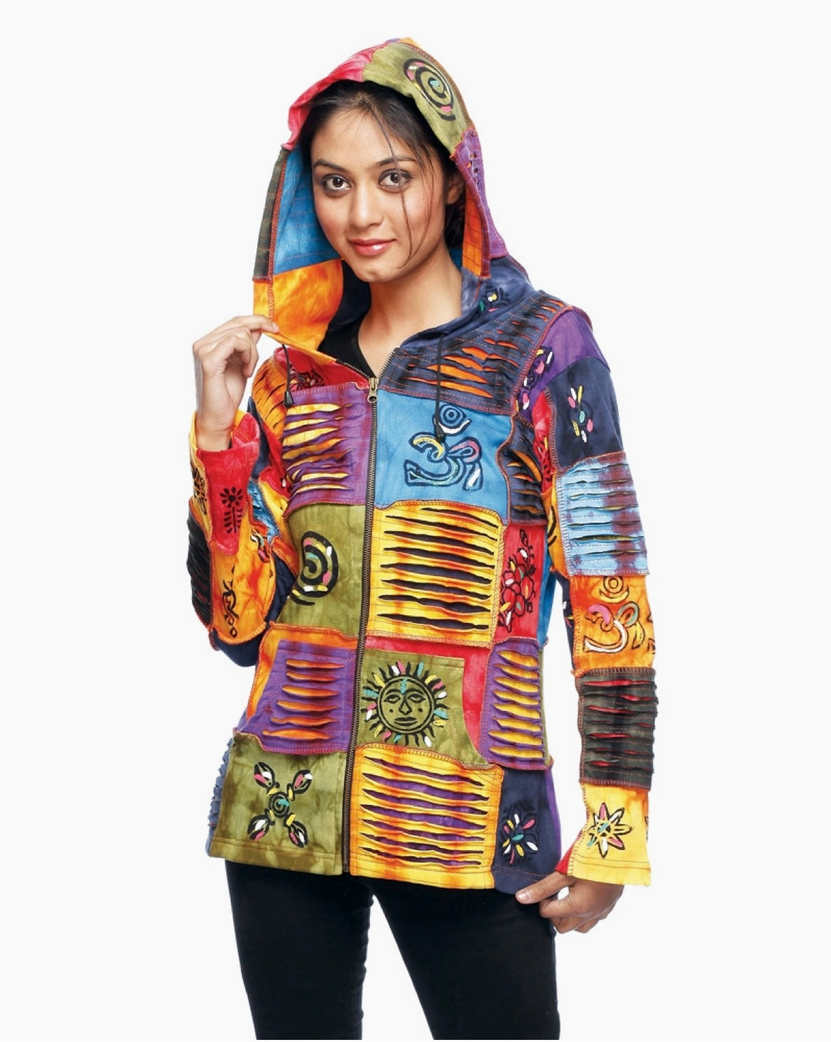 razor cut hoodie jacket in multi color with sun and om designs