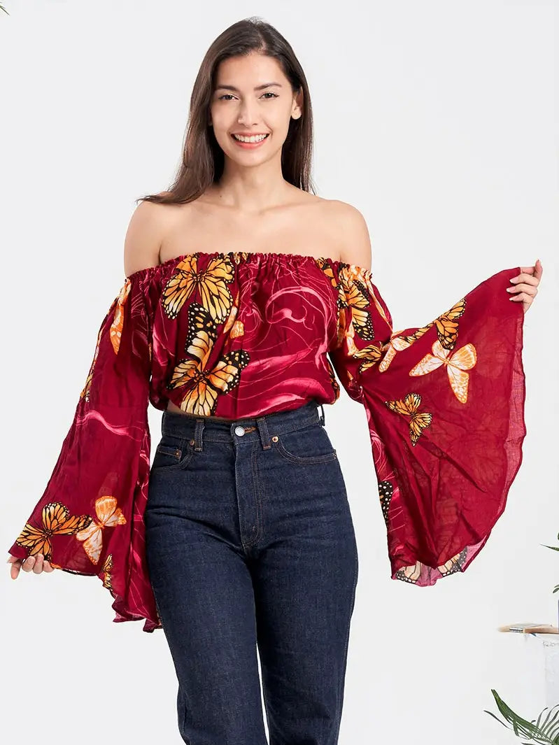 Butterfly Bell Sleeve Crop Top