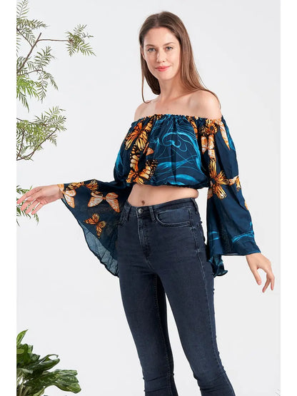 Butterfly Bell Sleeve Crop Top