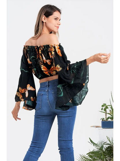 Butterfly Bell Sleeve Crop Top