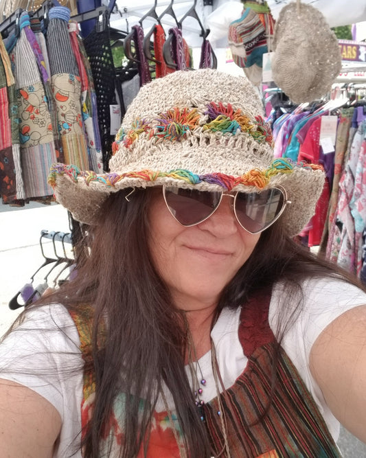 natural with rainbow colors hemp and cotton wired brim crochet boho hat  for women