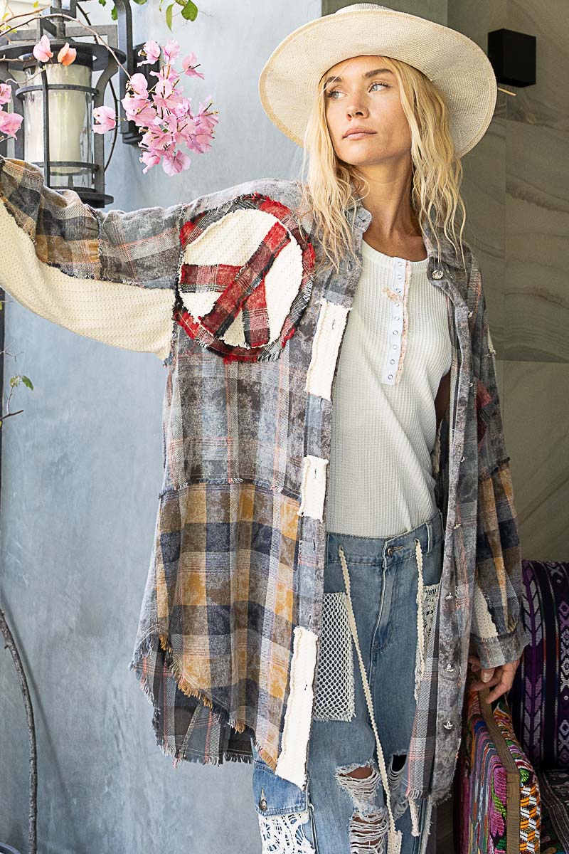 oversized button down flannel hippie shirt with peace signs front view