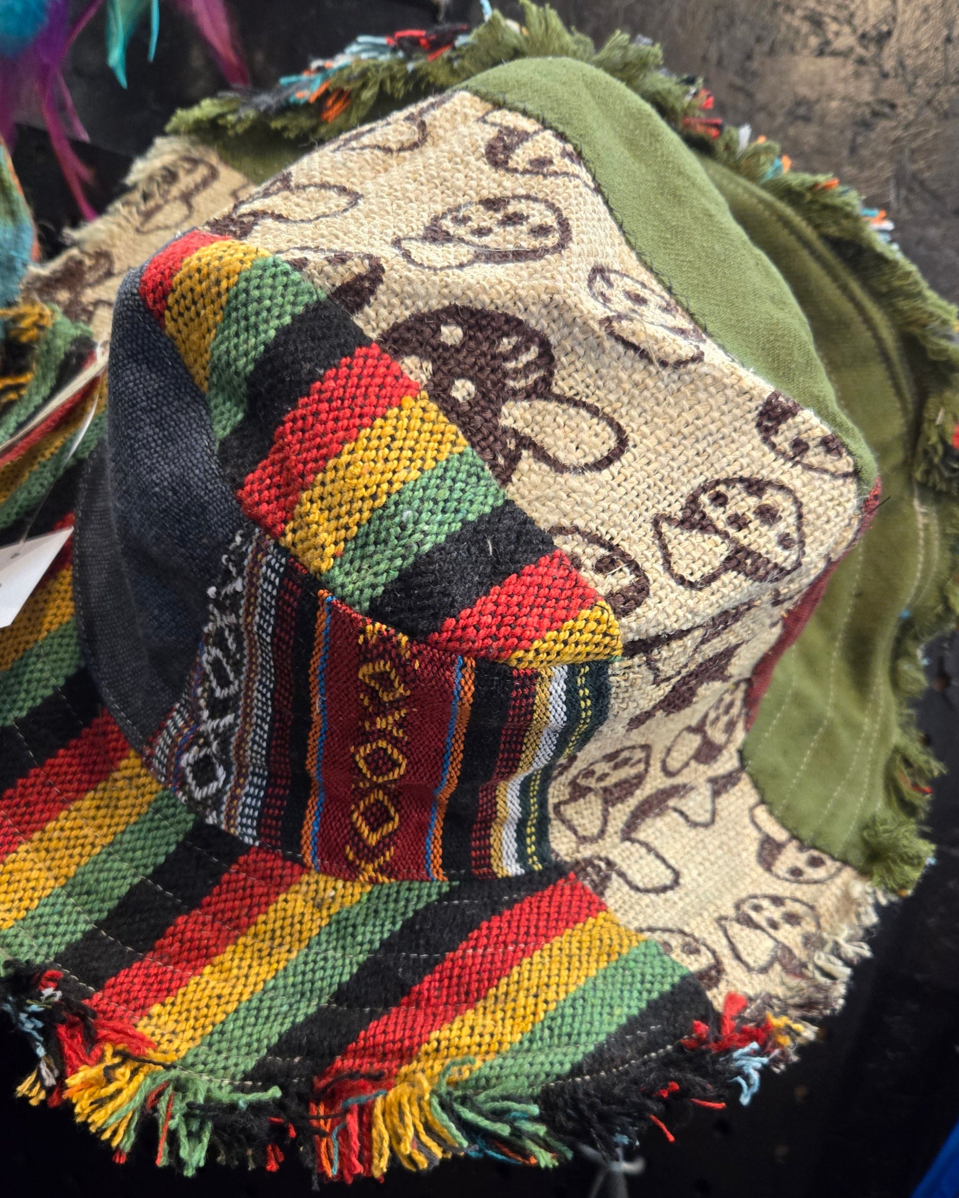 close up of Wired Brim Mushroom Patchwork Hat with Pocket