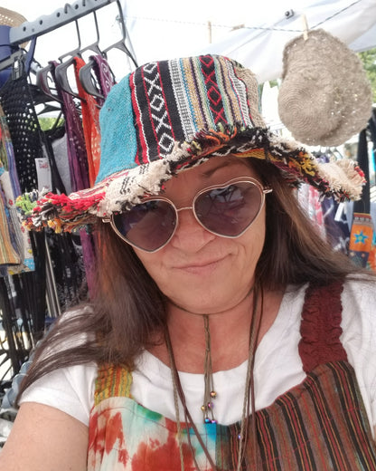 hemp and cotton wired brim patchwork hippie hats with fringe 
