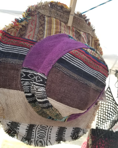 hemp and cotton wired brim patchwork hippie hat with fringe 