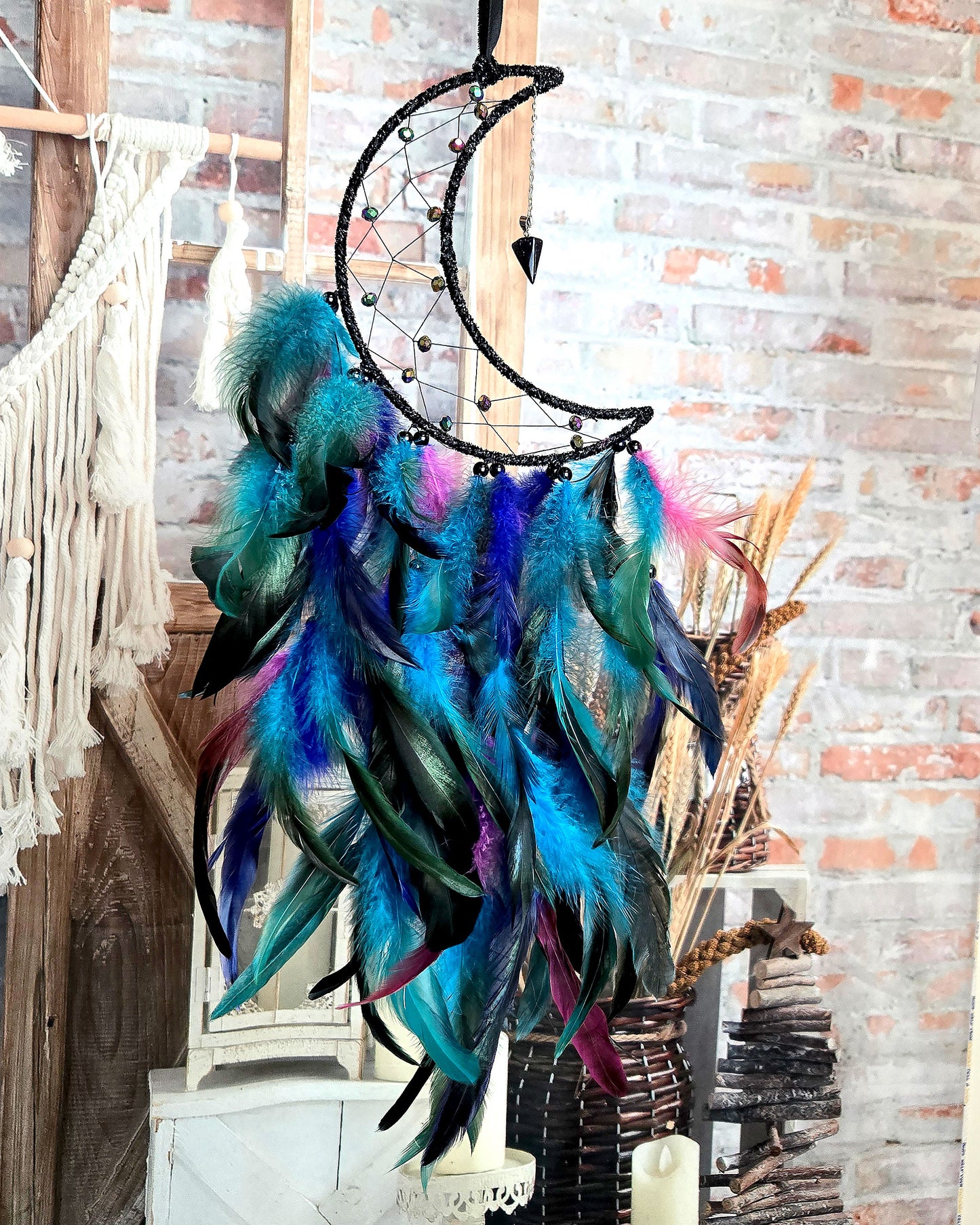 black and blue crescent moon dream catcher with feathers