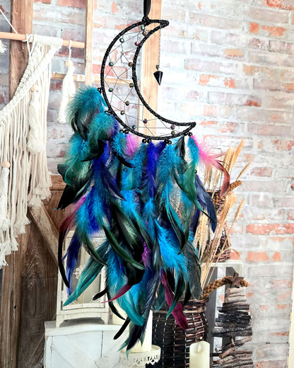 black and blue crescent moon dream catcher with feathers