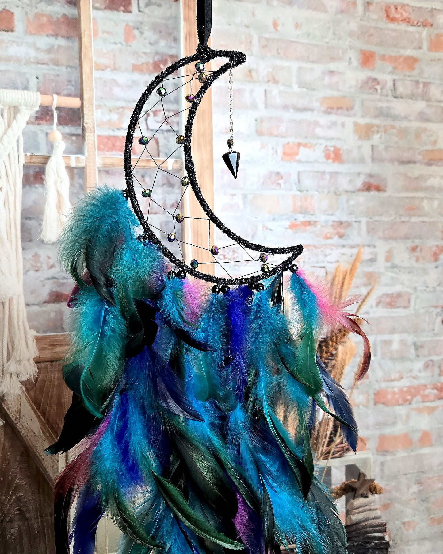 black and blue crescent moon feather dream catcher 