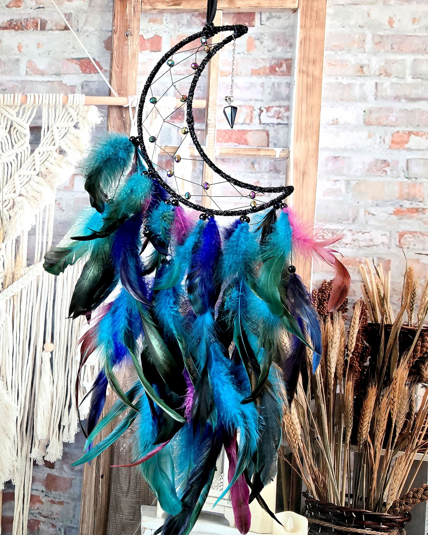 boho hippie home décor black and blue crescent moon dream catcher with feathers