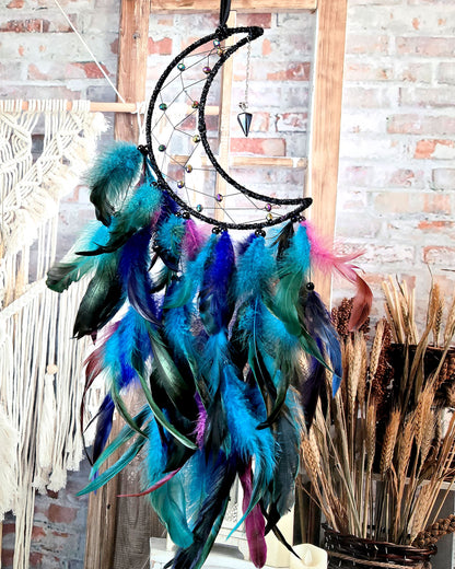 boho hippie home décor black and blue crescent moon dream catcher with feathers