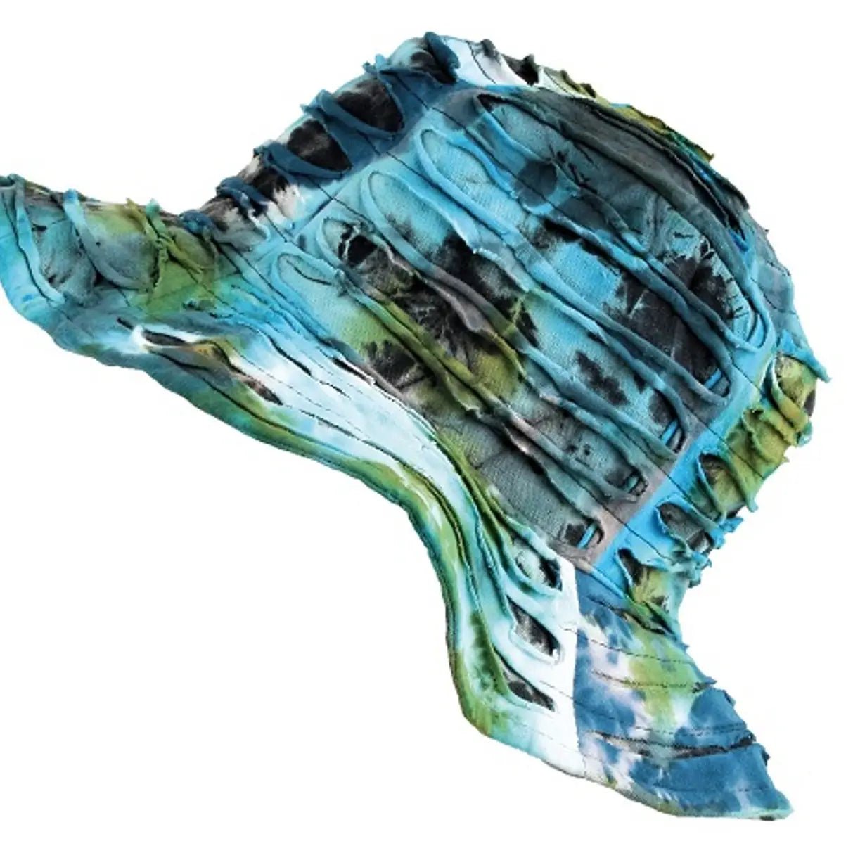 Colorful blue, green, and black tie dye bucket hat on a white background