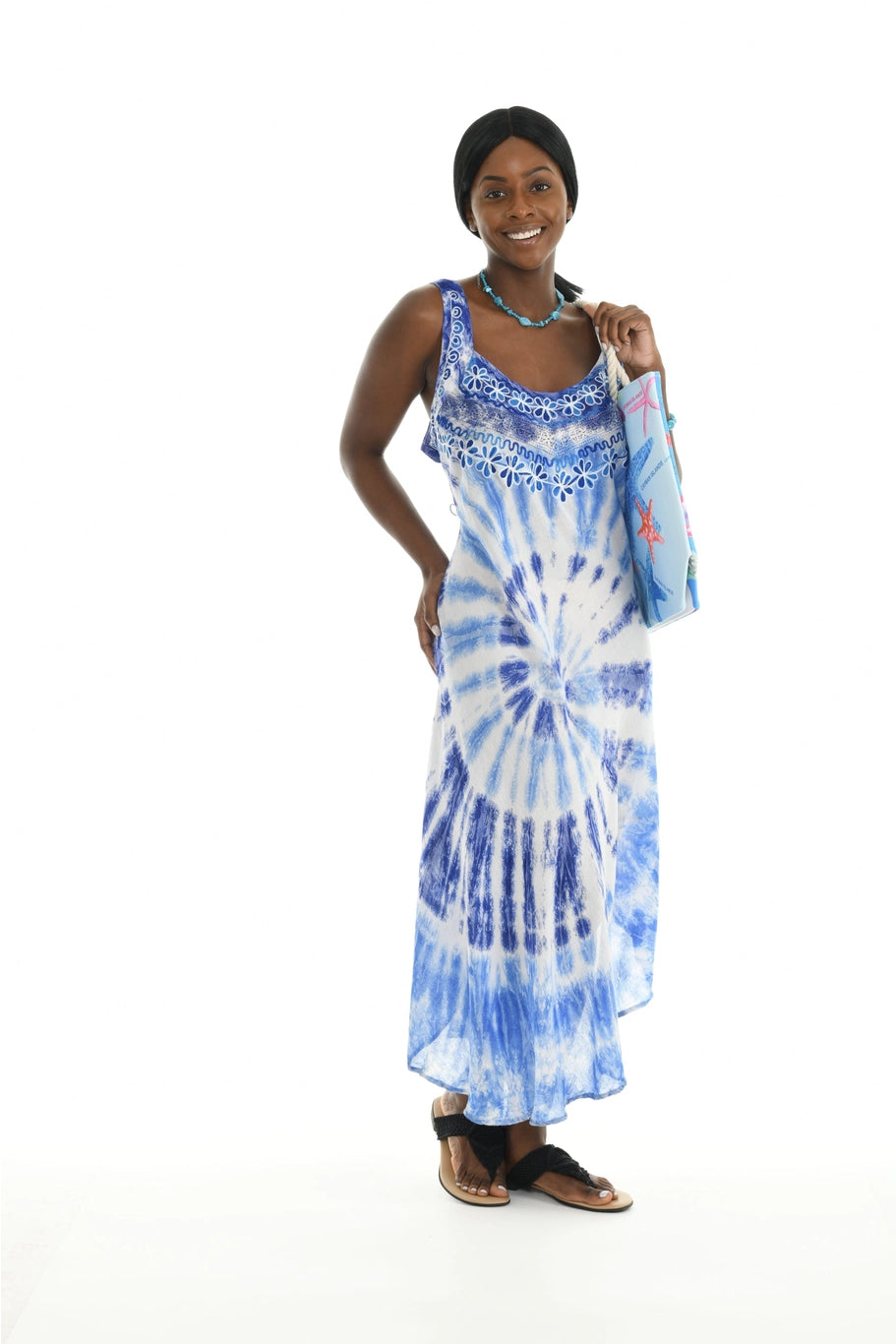 blue tank style tie dye hippie dress with embroidery