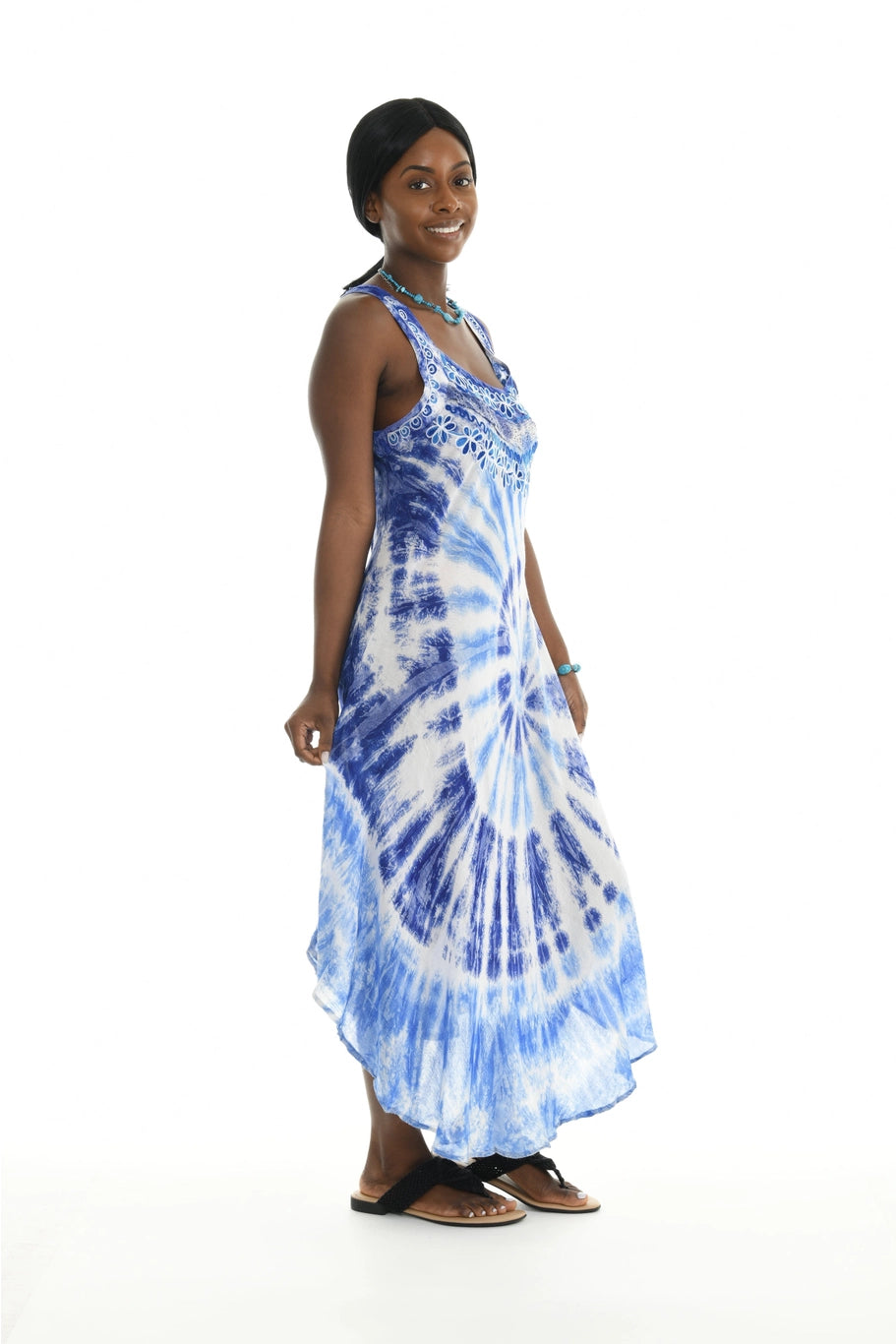 blue tank style tie dye boho dress with embroidery