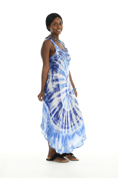 blue tank style tie dye boho dress with embroidery
