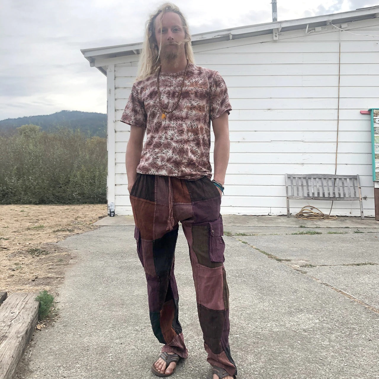 mens brown over dyed patchwork hippie pants
