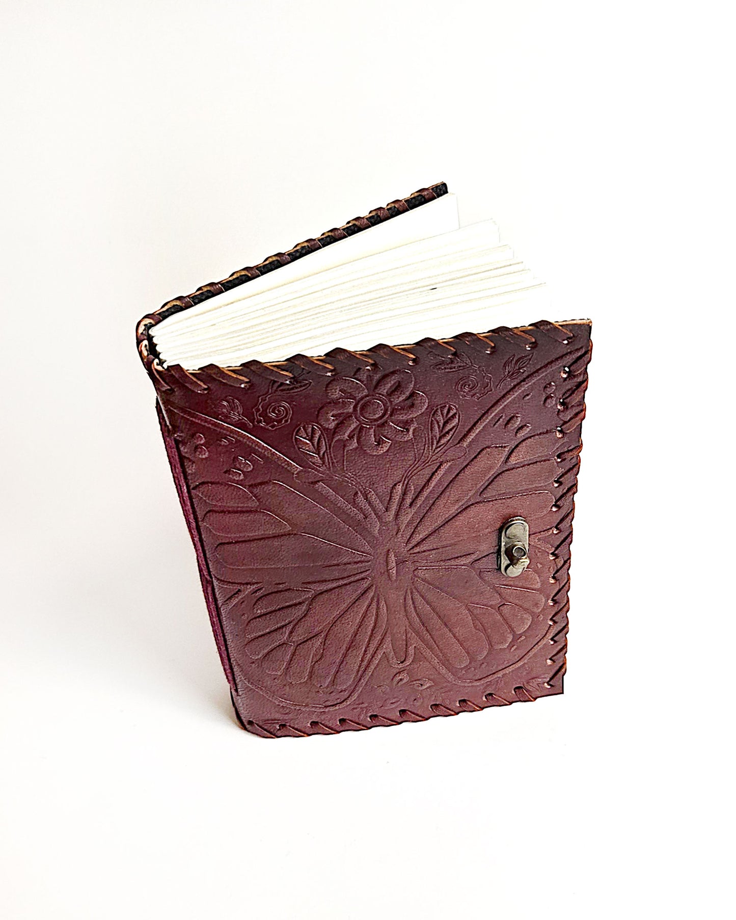 butterfly leather diary with antique buckle closure top front