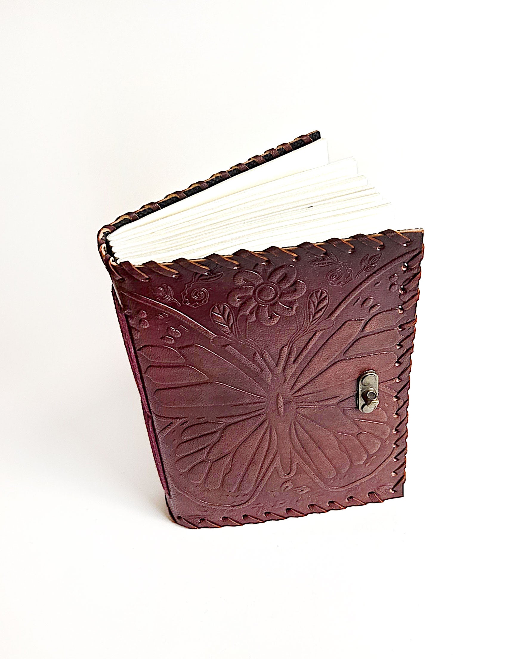 butterfly leather diary with antique buckle closure top front