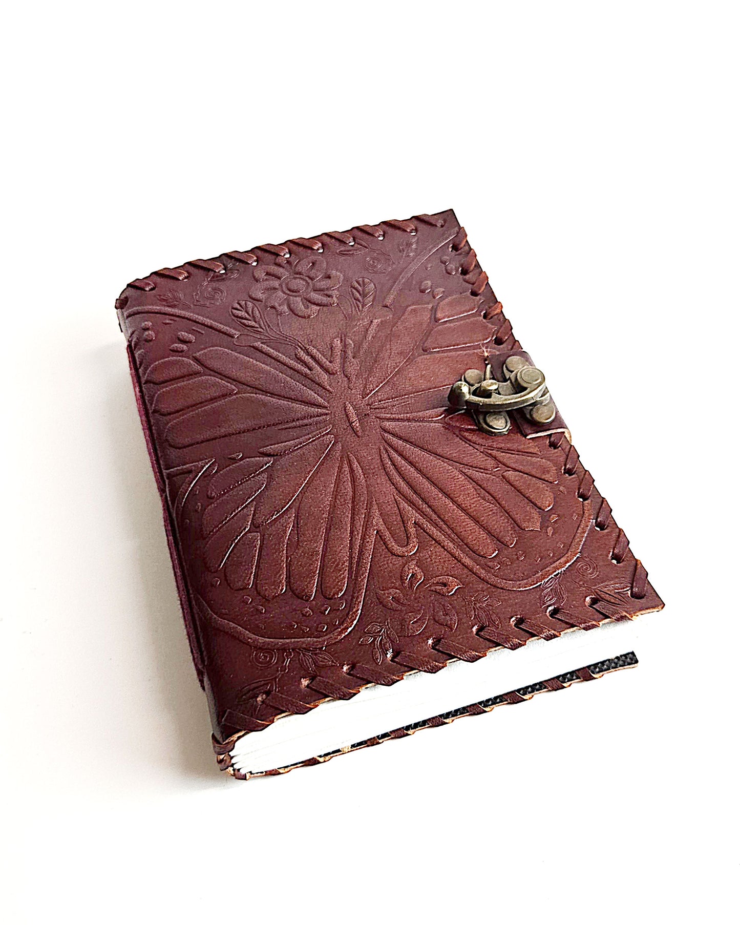 butterfly leather writing notebook with antique buckle closure front