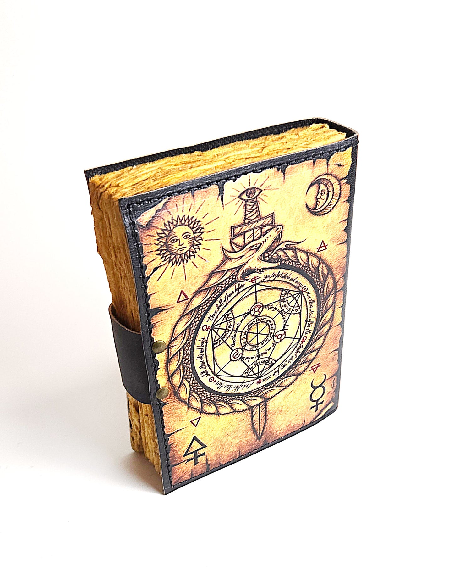 leather journal with compass design antique buckle closure and deckle edge vintage look paper back view