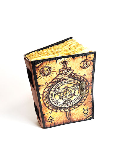 leather journal with compass design antique buckle closure and deckle edge vintage look paper front