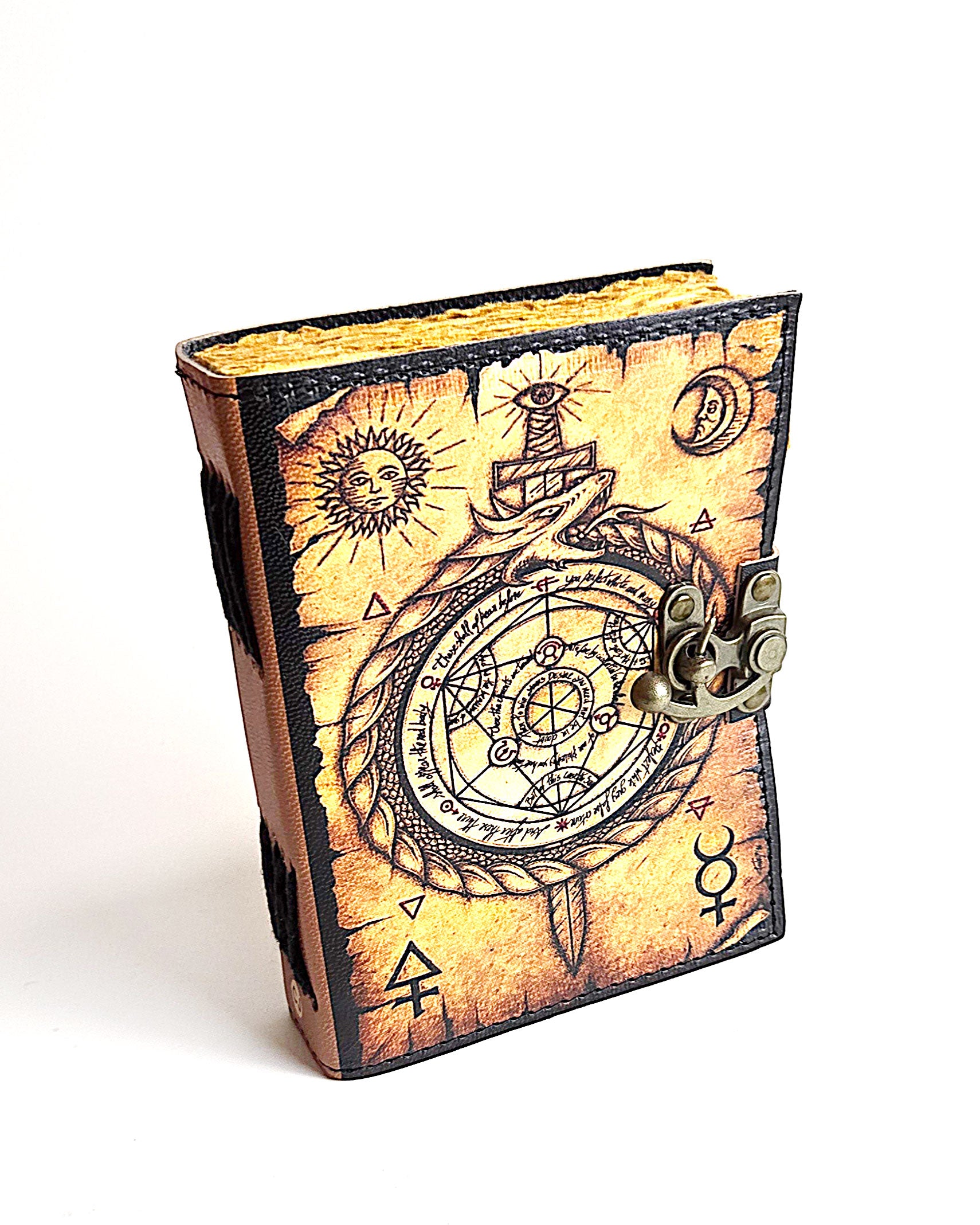 leather journal with compass design antique buckle closure and deckle edge vintage look paper front view