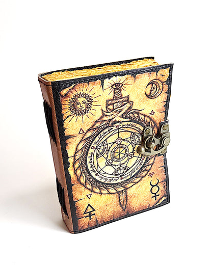 leather journal with compass design antique buckle closure and deckle edge vintage look paper front view