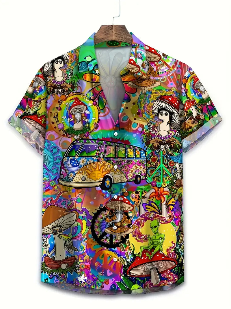 multi color hippie van button up shirt for men