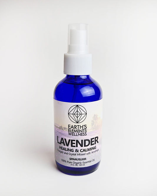 lavender essential oil spray with amethyst crystals front