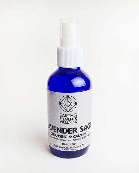 lavender sage essential oil spray with amethyst and clear quartz crystals front