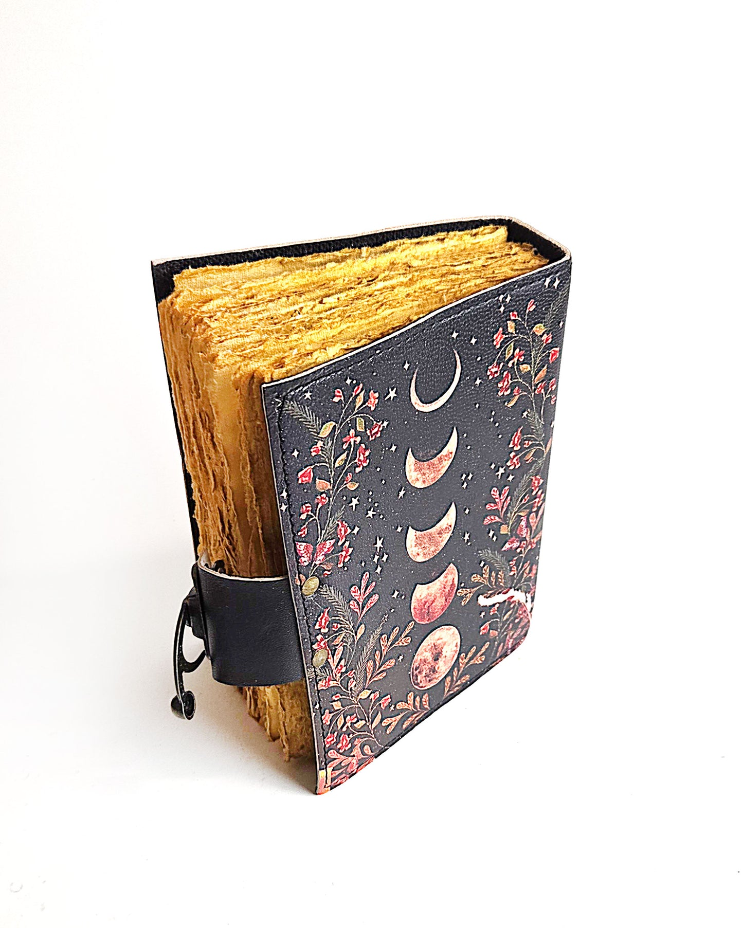 leather writing journal with moon phases design antique buckle closure and deckle edge vintage look paper top back view