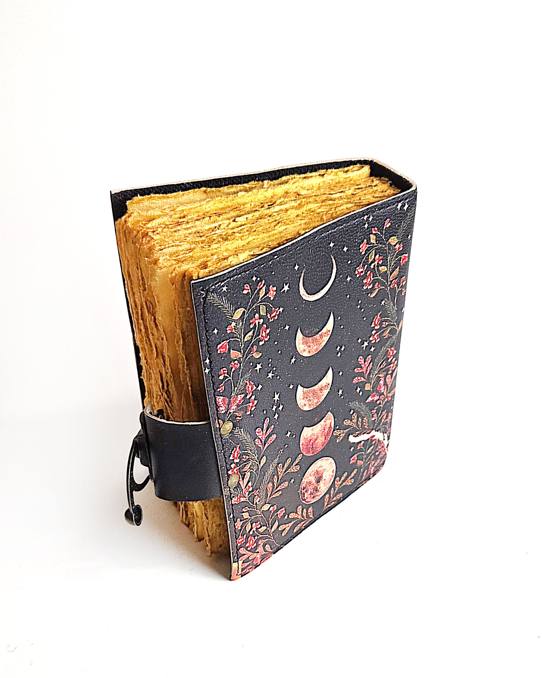 leather writing journal with moon phases design antique buckle closure and deckle edge vintage look paper top back view