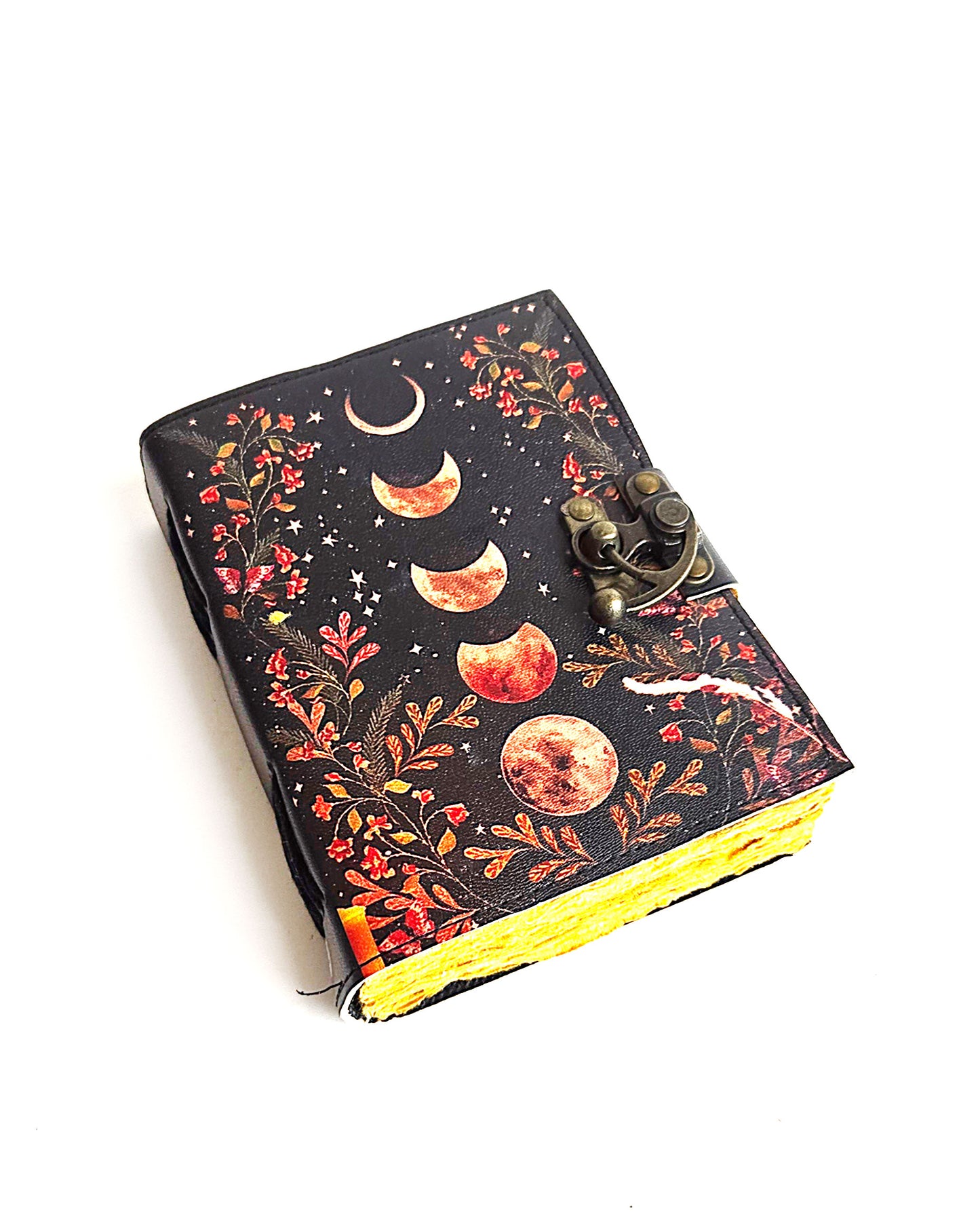 leather journal with moon phases design antique buckle closure and deckle edge vintage look paper front