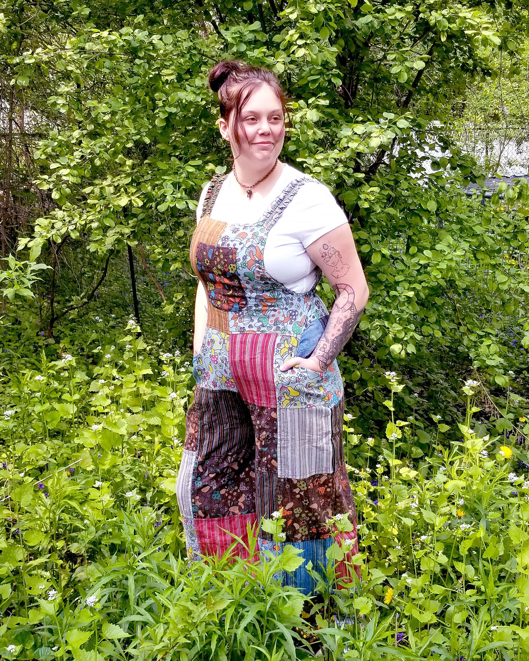 multi colored patchwork hippie overalls at the boho hippie hut