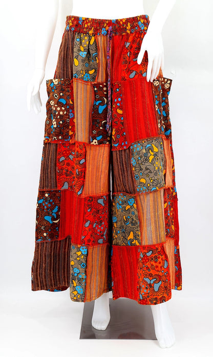 womens wide leg patchwork hippie pants with mushroom design front