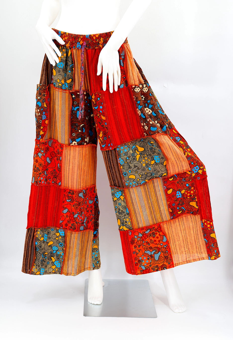 womens wide leg hippie patchwork pants with mushroom pattern