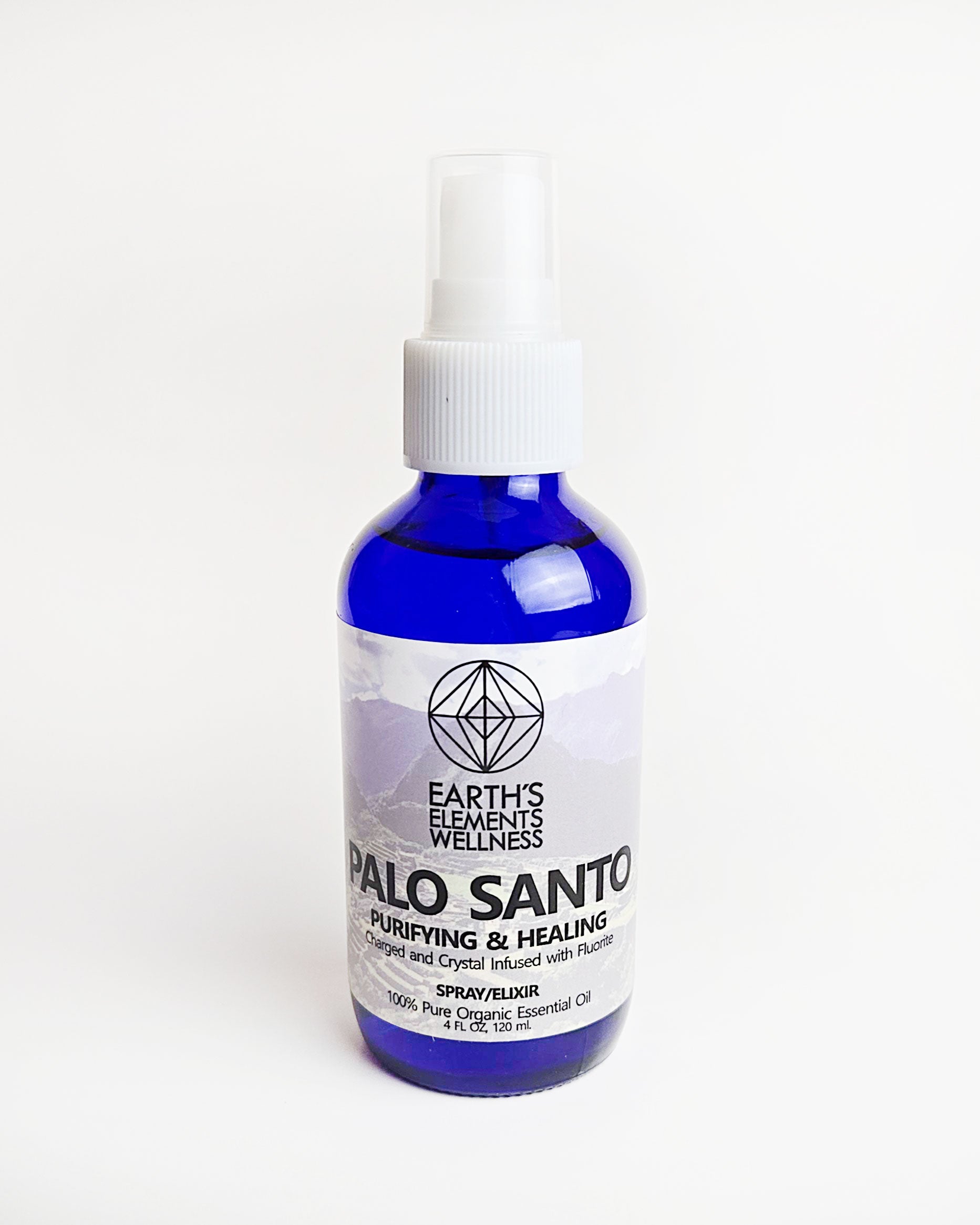 Palo Santo essential oil spray with fluorite crystals front
