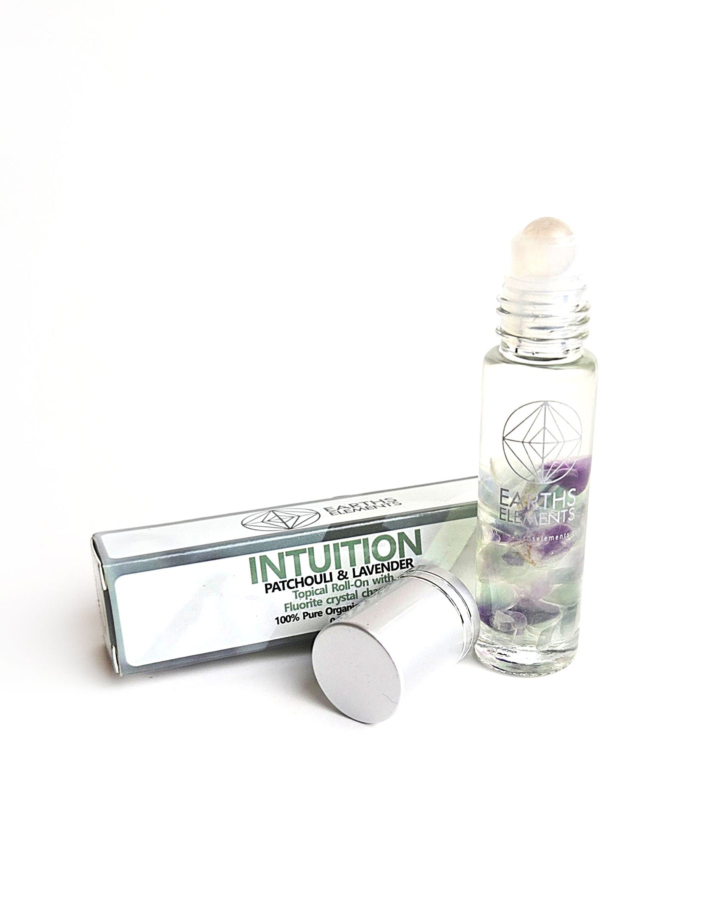organic essential oil blend roll on of patchouli and lavender with fluorite crystals showing fluorite roller ball