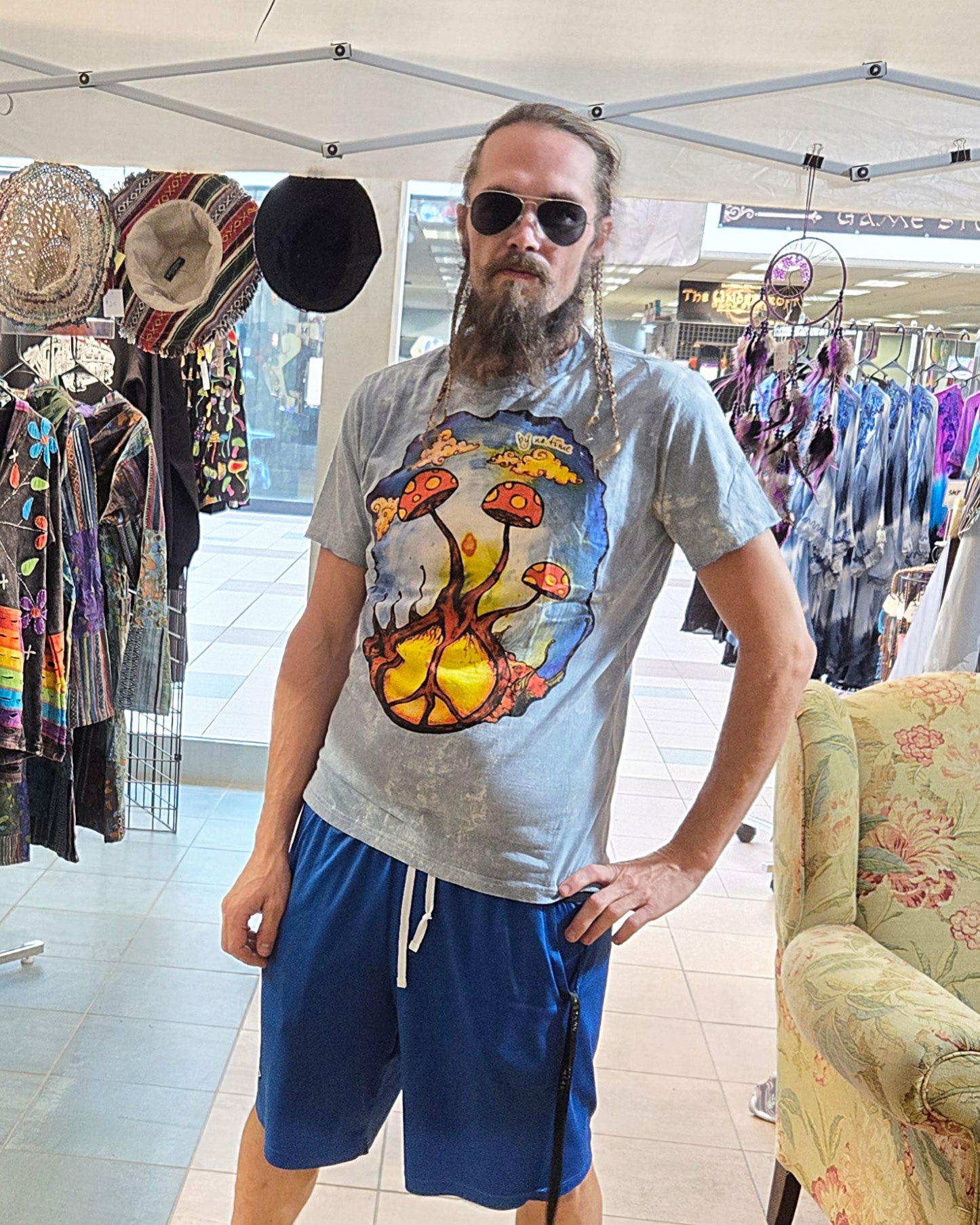 peace roots mushroom tie dye t shirt light blue front