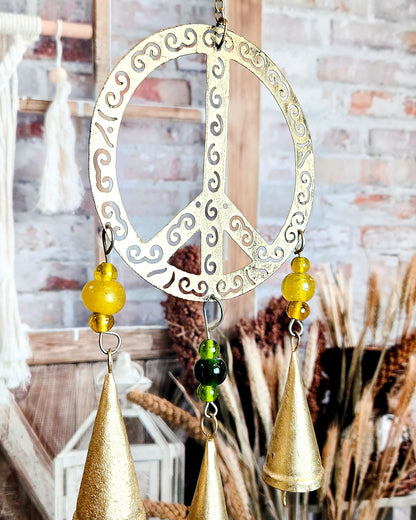 close up of peace sign metal wind chime for your boho hippie porch or patio décor
