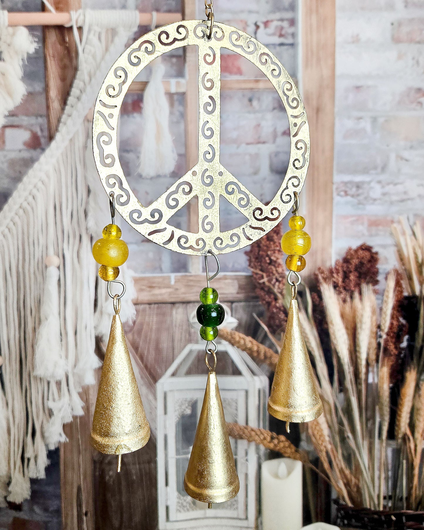 peace sign metal wind chime patio décor close up