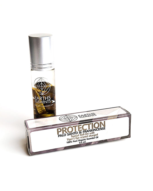 organic essential oil blend roll on of Palo Santo and frankincense with tigers eye crystals