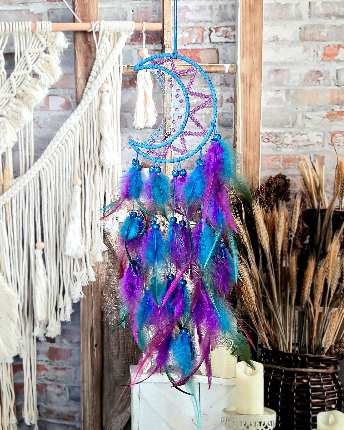 boho hippie home décor blue and purple crescent moon dream catcher with feathers