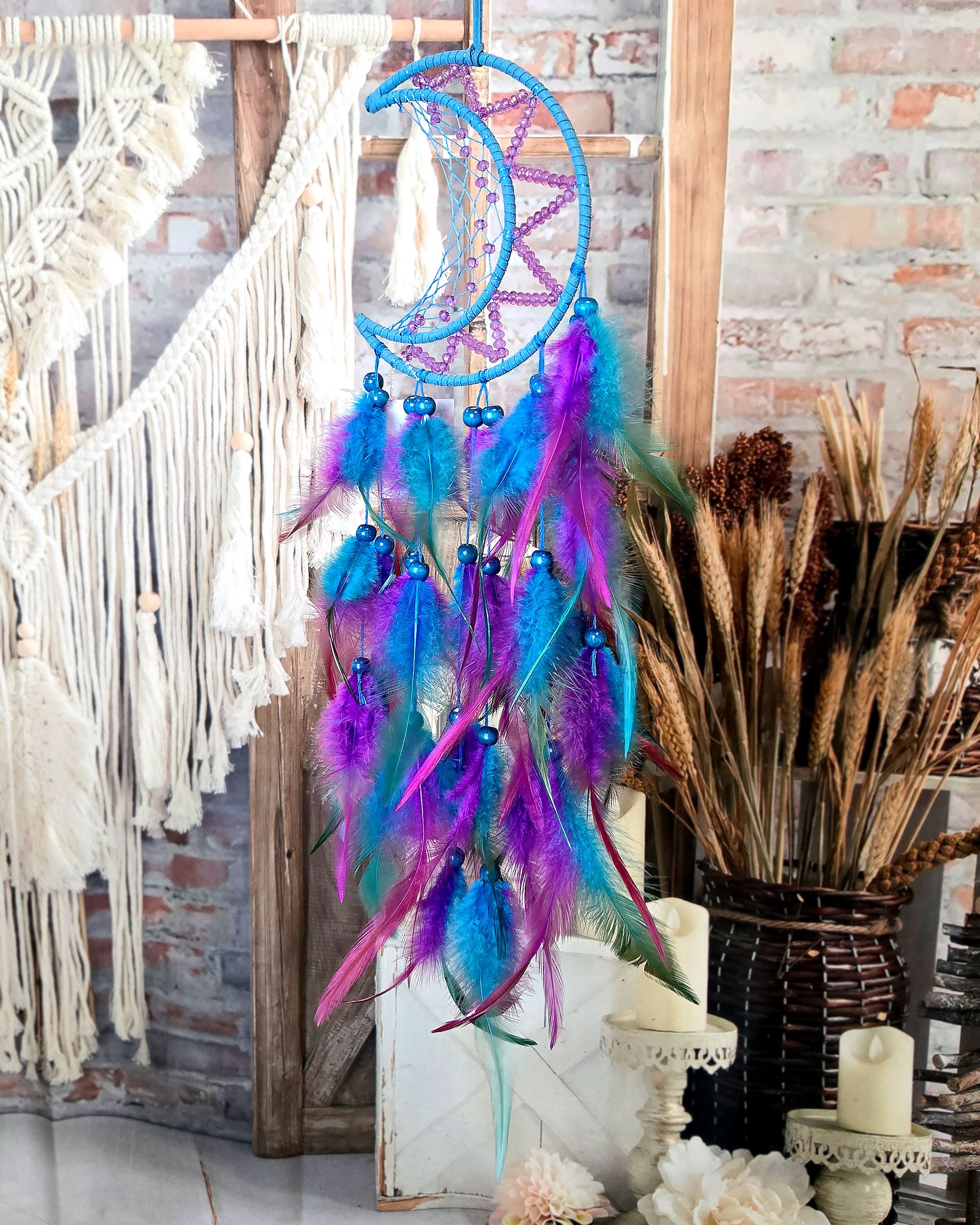 boho hippie home decor purple and blue moon dream catcher with feathers