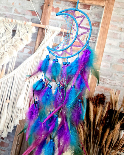 blue and purple crescent moon dream catcher with feathers boho home décor