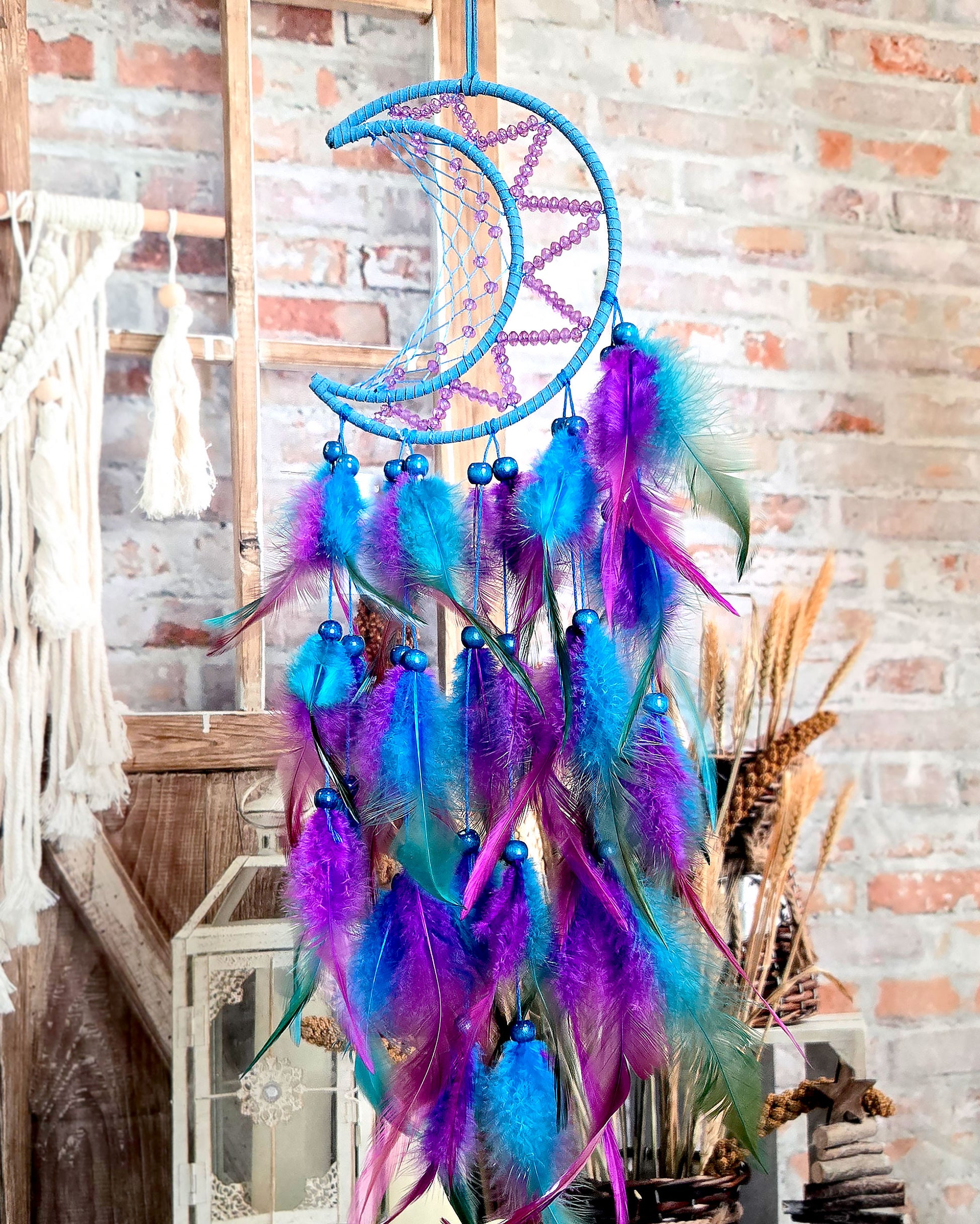 purple and blue crescent moon feather dream catcher hippie home décor 