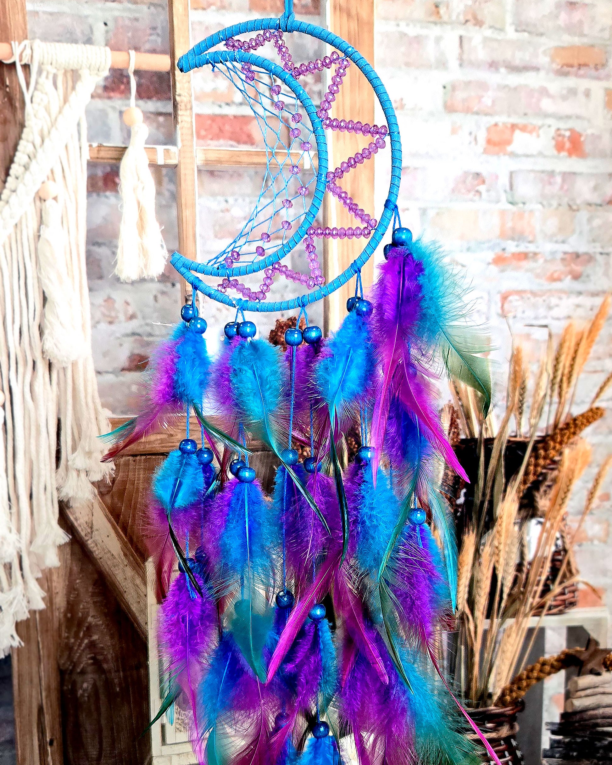 blue and purple crescent moon dream catcher with feathers boho home décor