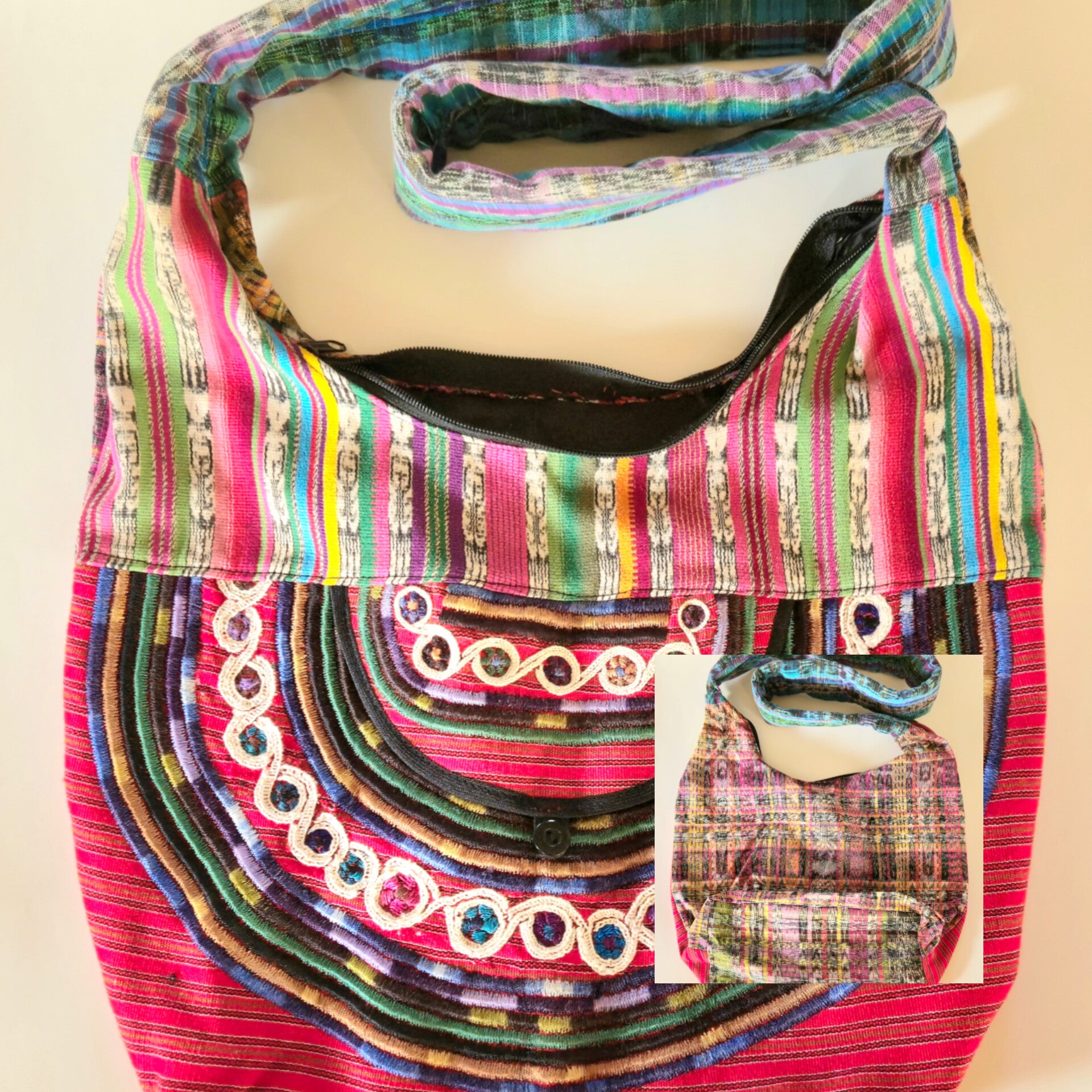 Colorful patterned hobo bag with a beige background